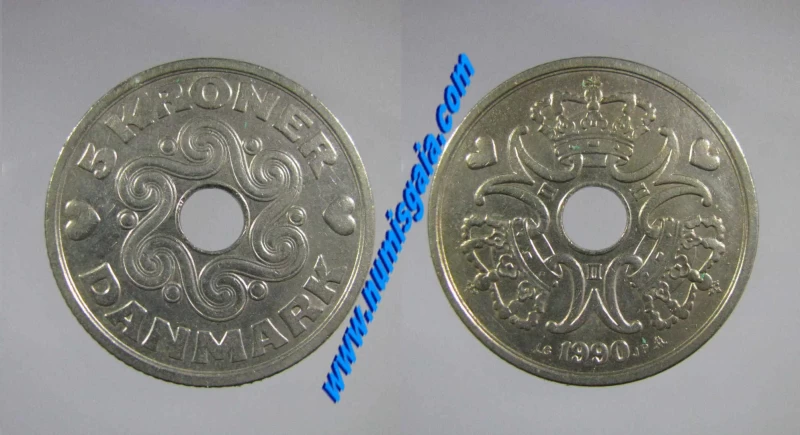 Dinamarca KM#869.1DK90a - 5 KRONER 1990