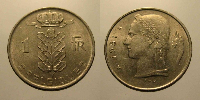 Belgica KM#142.1BE51c - 1 FRANC 1951